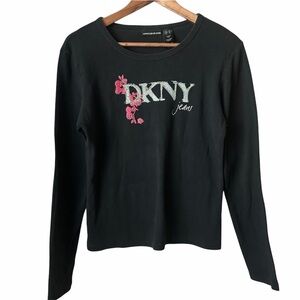 DKNY Jeans Black Long Sleeve Floral Logo Tee Women’s XL  Y2K